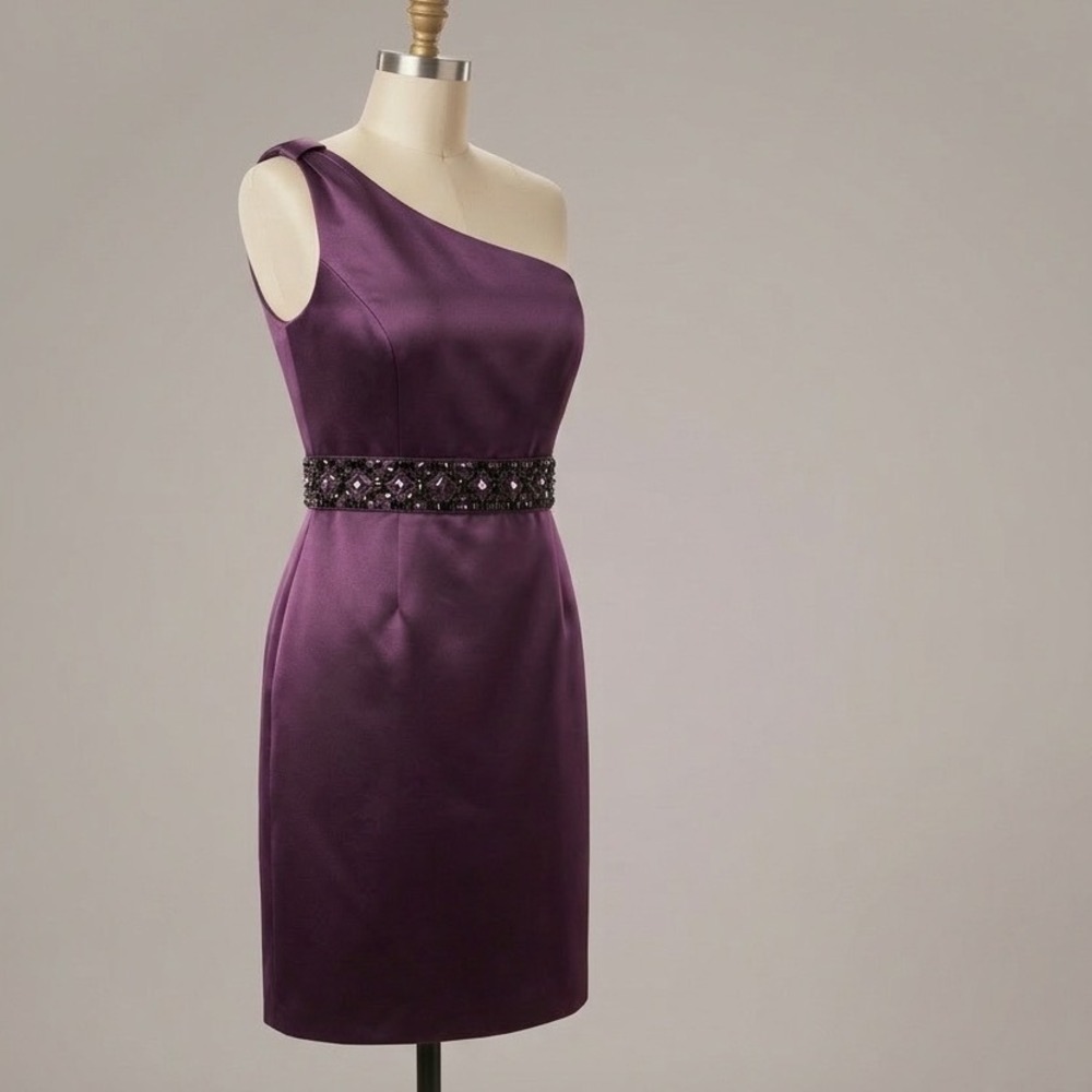 Tahari One Shoulder Satin Dress Womens 12 Purple Beaded Cocktail Evening - Picture 2 of 9